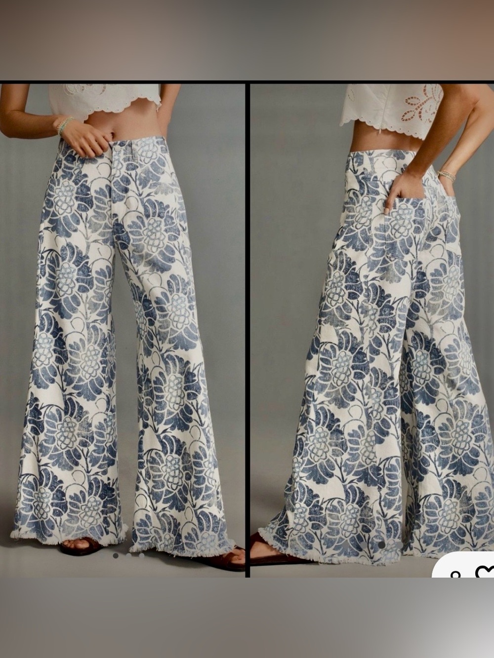 Anthropologie Piloco White Wide-Leg Pants with Blue Floral Print